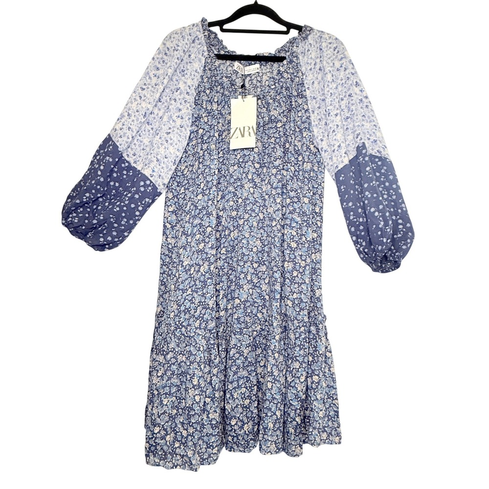 Zara NWT Blue Floral Midi Dress Size S Tiered Boho Cottagecore Balloon Sleeve
